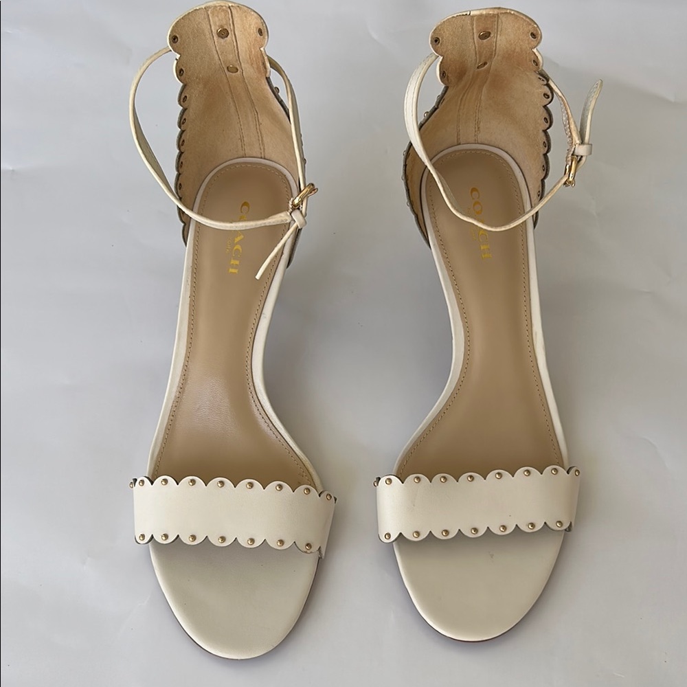 Coach Cream Heels with Scalloped Edging and Open-Toe Design